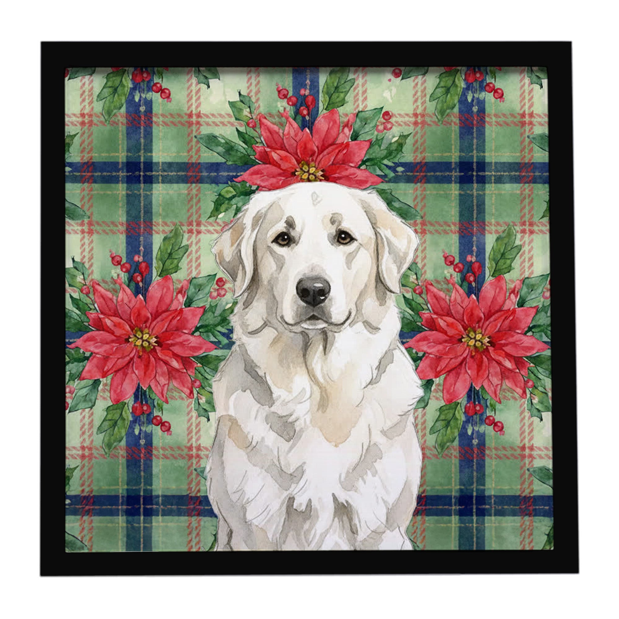 White Great Pyrenees Christmas PoinsettIas Framed Metal Print Bathroom, Kitchen, Office, Home Decor Wall Art Ready to Hang, Square, 8X8