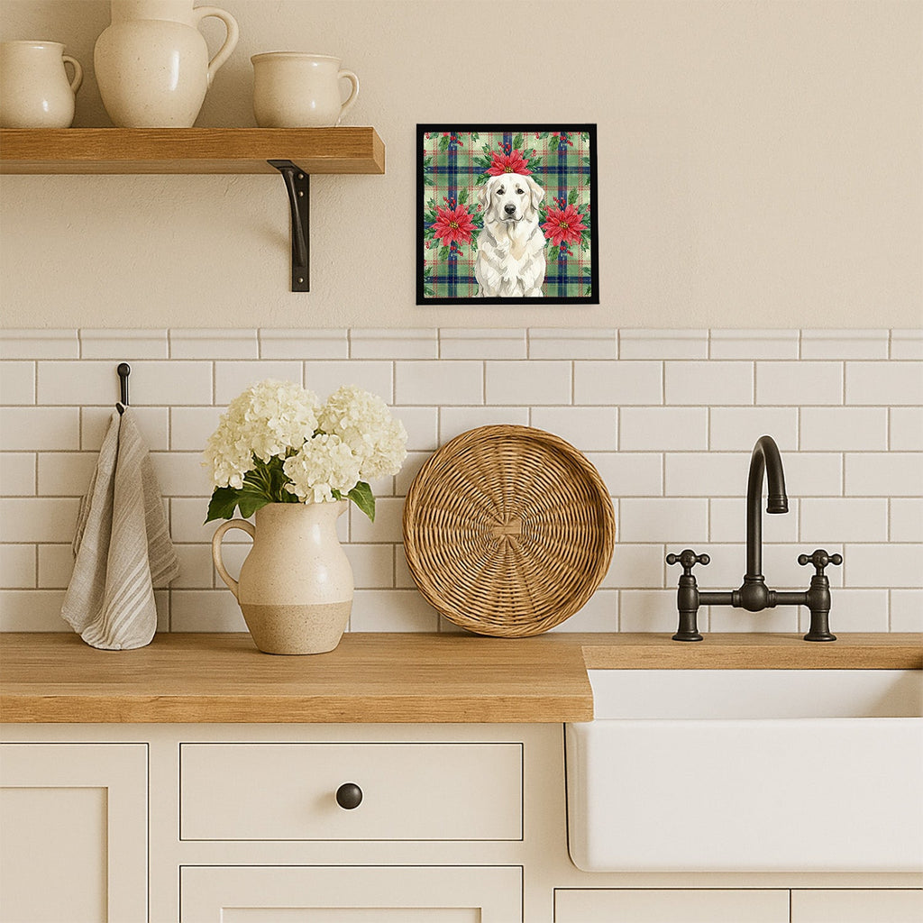 White Great Pyrenees Christmas PoinsettIas Framed Metal Print Bathroom, Kitchen, Office, Home Decor Wall Art Ready to Hang, Square, 8X8