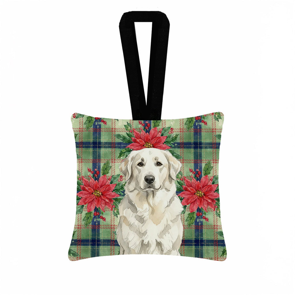 White Great Pyrenees Christmas PoinsettIas Hanging Square Fabric Ornament 3.5 � 3.5 Decorative Door-Knob & Tree Hanger, Soft Fabric