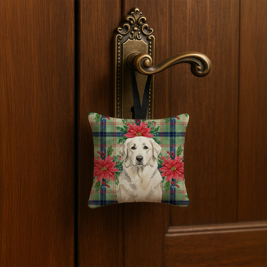 White Great Pyrenees Christmas PoinsettIas Hanging Square Fabric Ornament 3.5 � 3.5 Decorative Door-Knob & Tree Hanger, Soft Fabric