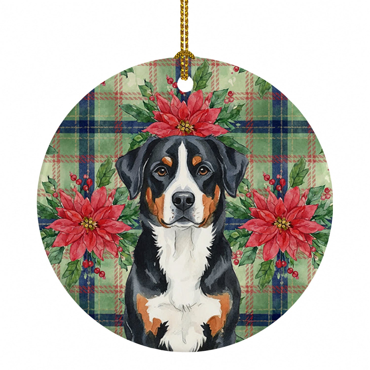 Greater Swiss Mountain Dog Christmas PoinsettIas Ceramic Ornament Christmas Tree Hanging Decorations for Home Christmas Holiday, Party, Gift, 3 in, Multicolor
