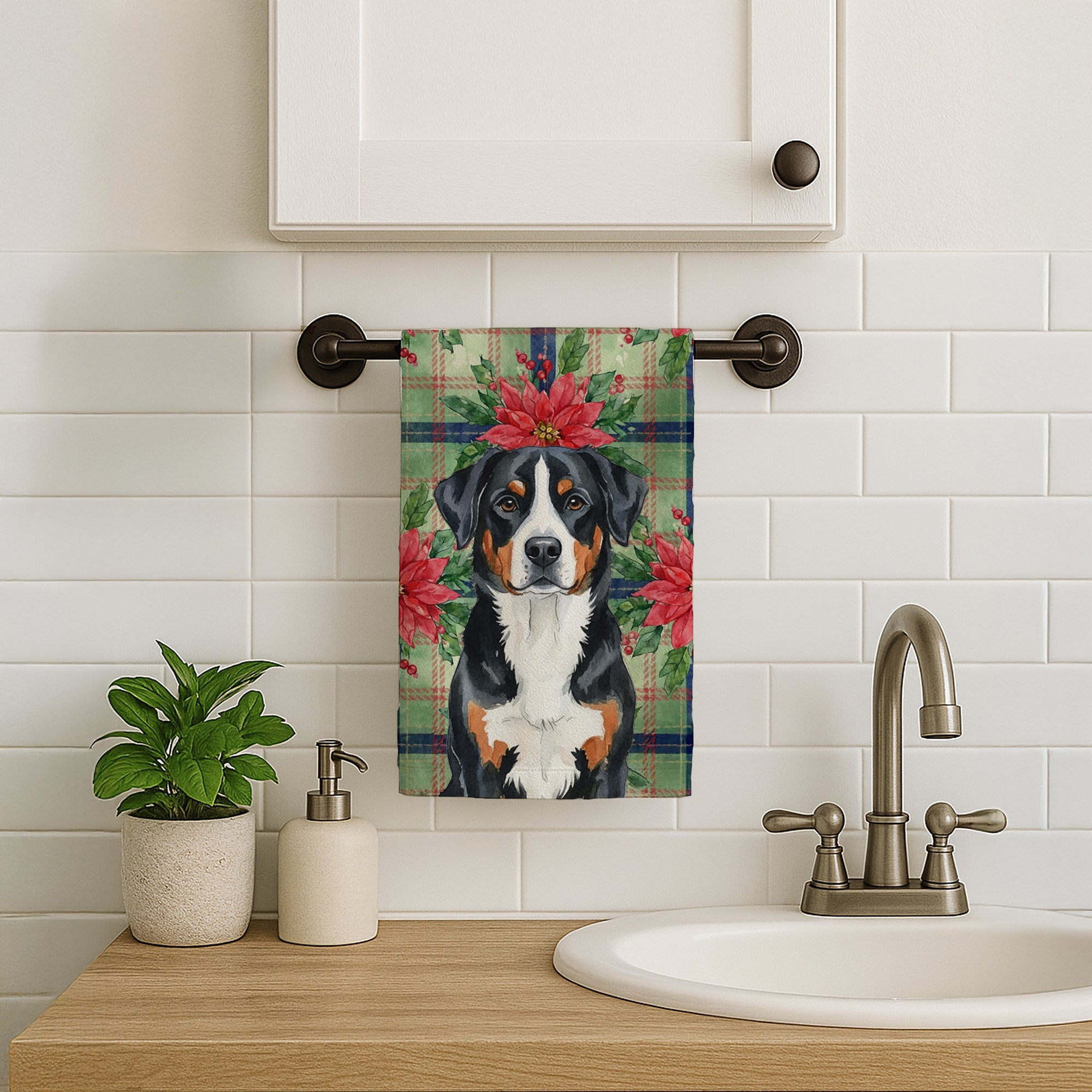 Greater Swiss Mountain Dog Christmas PoinsettIas Kitchen Towel Velour Plush Front and Cotton Loop Back Machine Washable