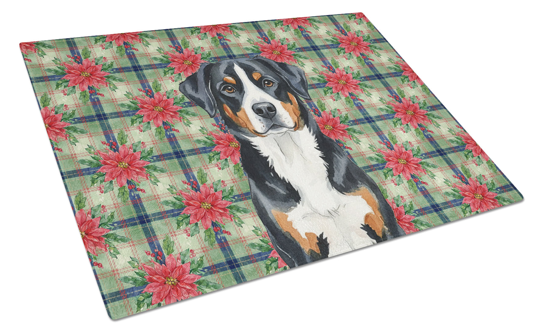 Greater Swiss Mountain Dog Christmas PoinsettIas Cutting Board Tempered Glass Kitchen Cutting Surface, Heat Resistant Chopping, Non-Slip Feet, Food Prep & Serving