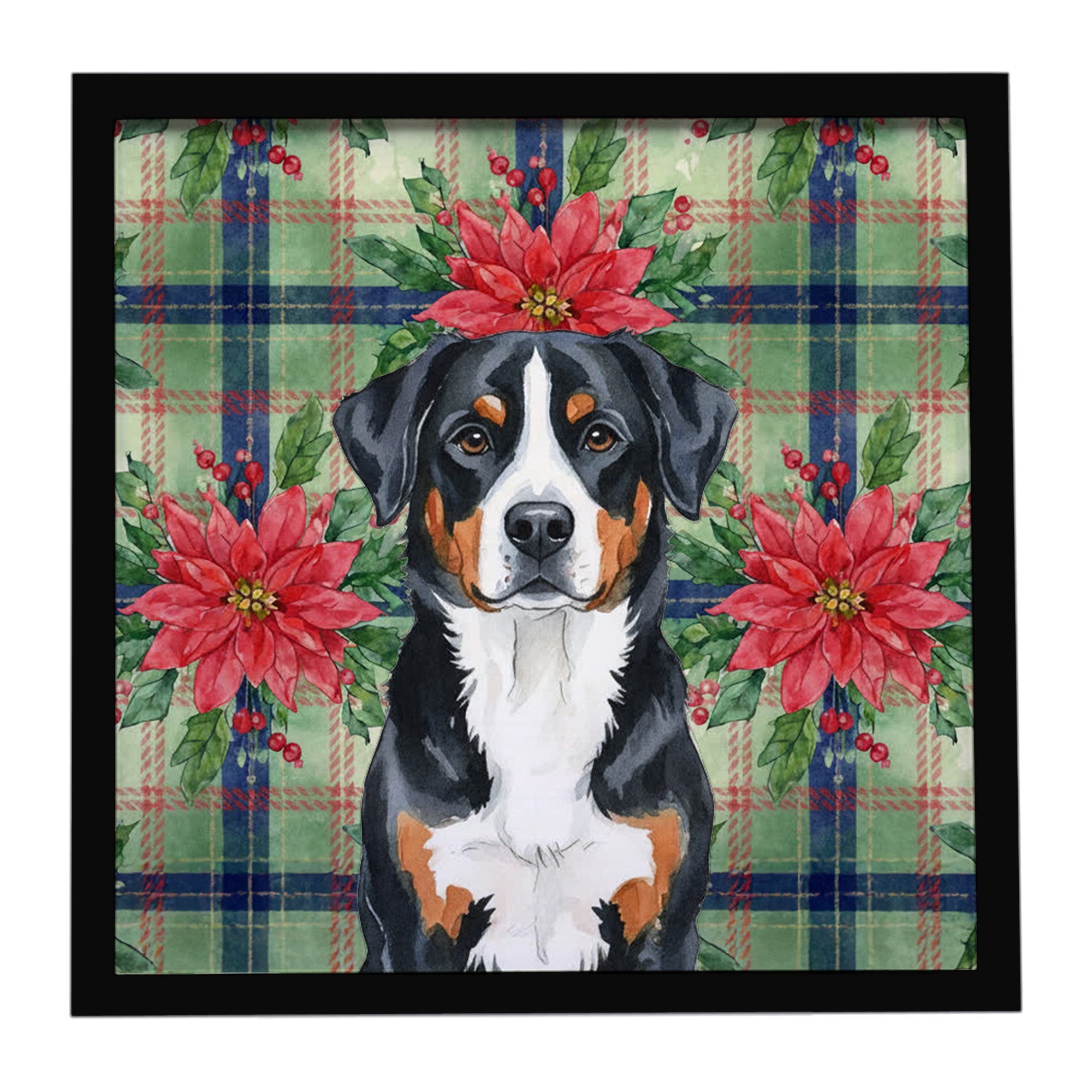 Greater Swiss Mountain Dog Christmas PoinsettIas Framed Metal Print Bathroom, Kitchen, Office, Home Decor Wall Art Ready to Hang, Square, 8X8