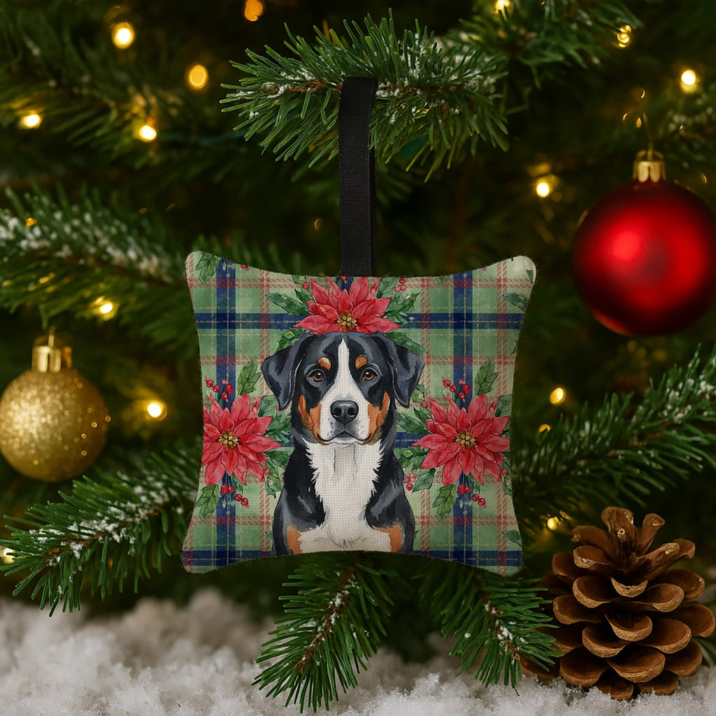 Greater Swiss Mountain Dog Christmas PoinsettIas Hanging Square Fabric Ornament 3.5 � 3.5 Decorative Door-Knob & Tree Hanger, Soft Fabric