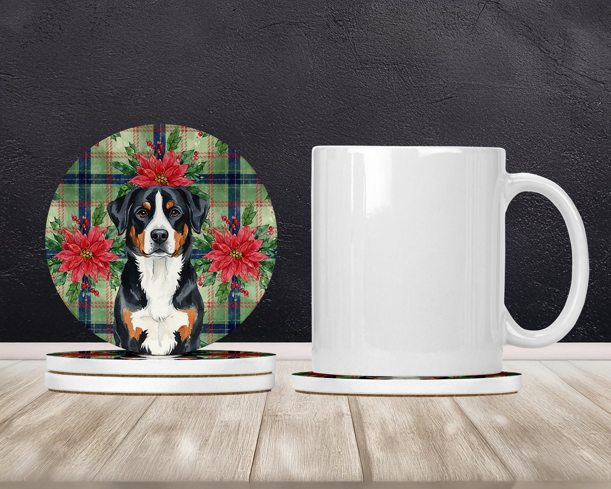 Greater Swiss Mountain Dog Christmas PoinsettIas Large Sandstone Coasters Pack of 4 Absorbent Round Coasters Decor Gifts for Men or Women, 4 in, Multicolor