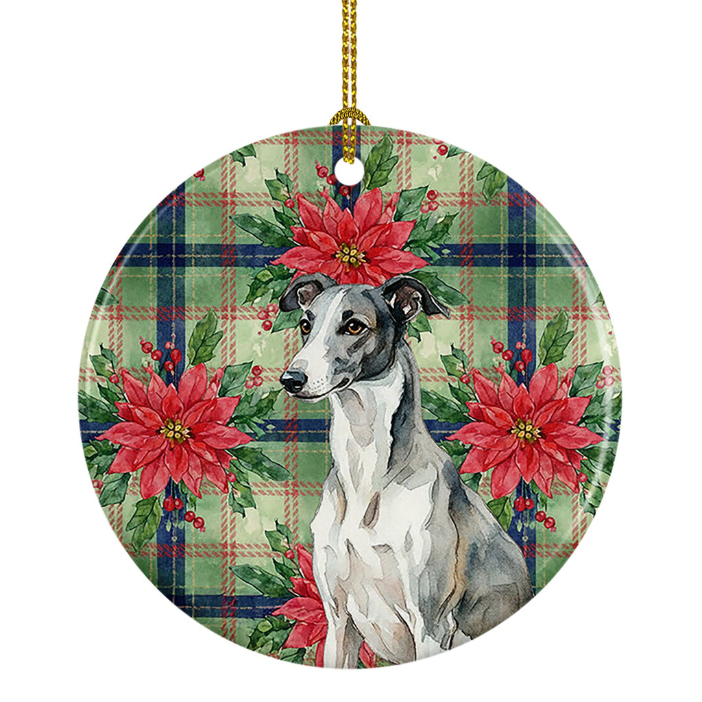 Black and White Greyhound Christmas PoinsettIas Ceramic Ornament Christmas Tree Hanging Decorations for Home Christmas Holiday, Party, Gift, 3 in, Multicolor