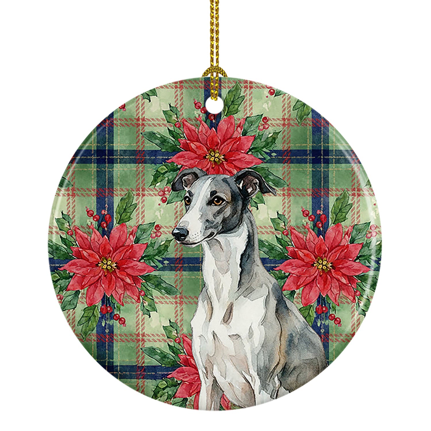 Black and White Greyhound Christmas PoinsettIas Ceramic Ornament Christmas Tree Hanging Decorations for Home Christmas Holiday, Party, Gift, 3 in, Multicolor