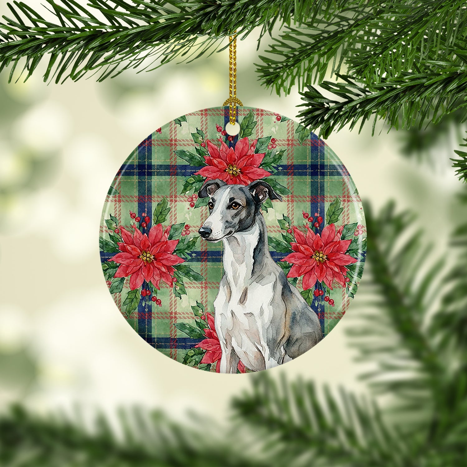 Black and White Greyhound Christmas PoinsettIas Ceramic Ornament Christmas Tree Hanging Decorations for Home Christmas Holiday, Party, Gift, 3 in, Multicolor