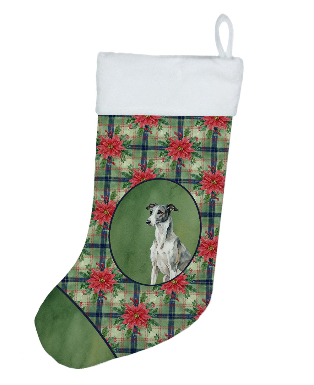 Black and White Greyhound Christmas PoinsettIas Holiday Stocking Double-Sided Print, Polyester Suede,11x18, Made in USA