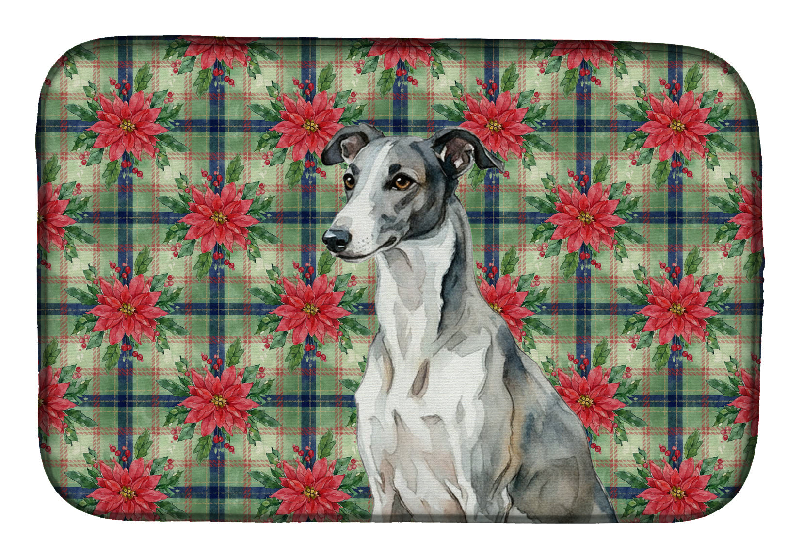 Black and White Greyhound Christmas PoinsettIas Dish Drying Mat Absorbent Dish Drying Mat Pad for Kitchen Counter Dish Drainer Mat for Countertop, 14 x 21", Multicolor