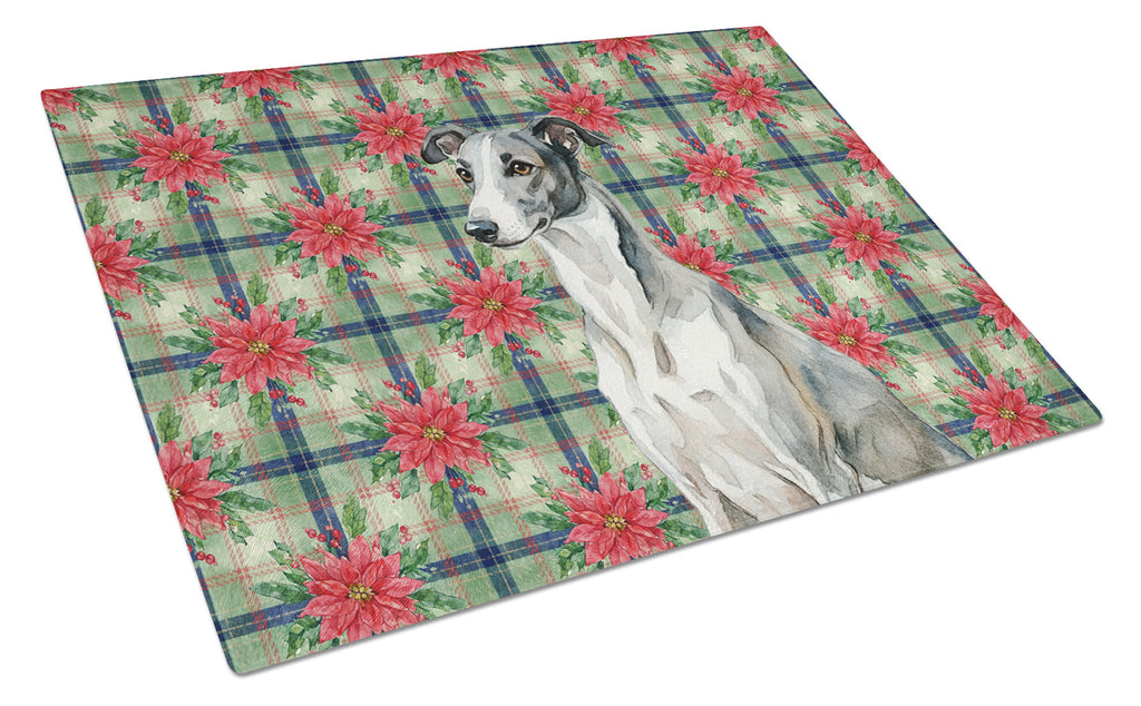 Black and White Greyhound Christmas PoinsettIas Cutting Board Tempered Glass Kitchen Cutting Surface, Heat Resistant Chopping, Non-Slip Feet, Food Prep & Serving