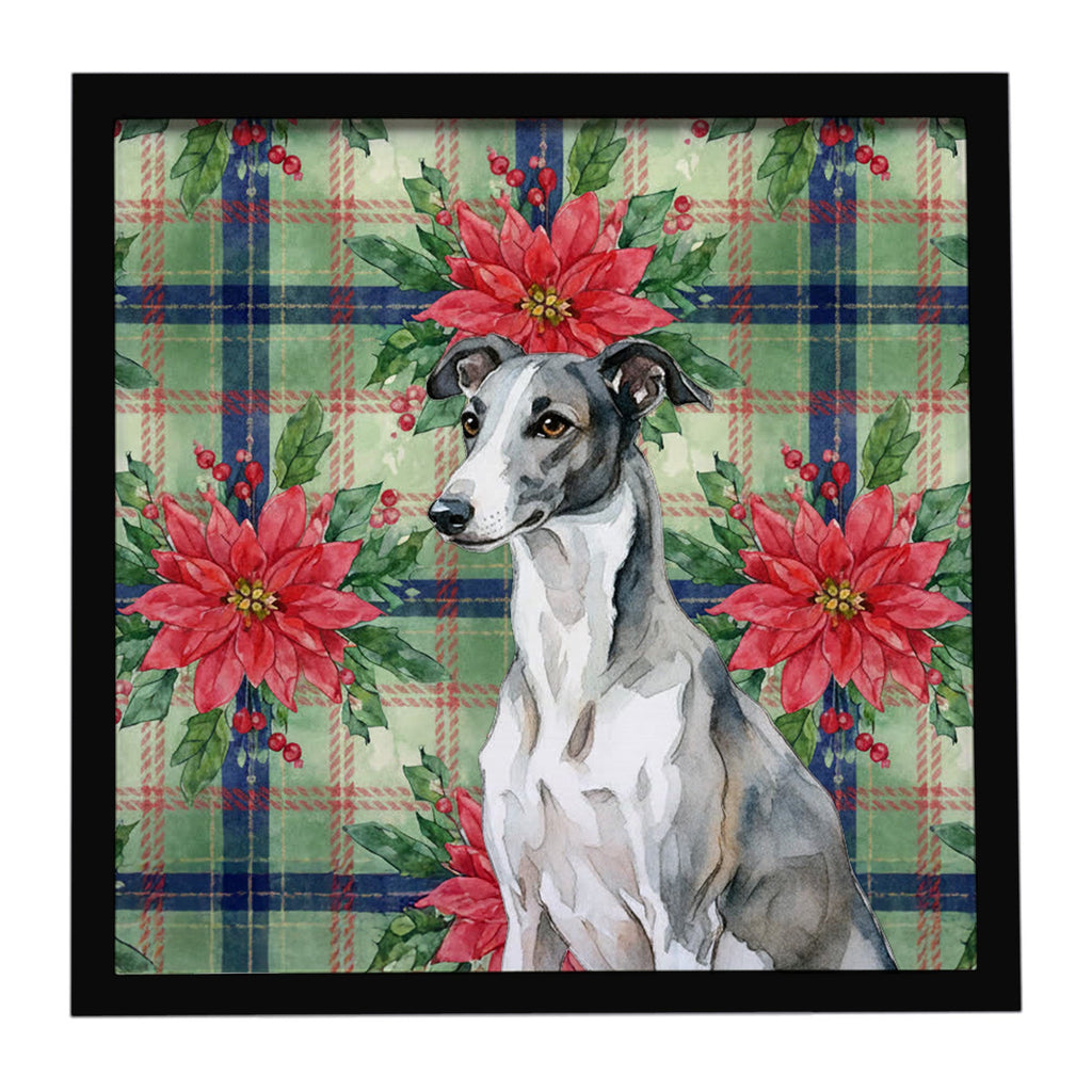 Black and White Greyhound Christmas PoinsettIas Framed Metal Print Bathroom, Kitchen, Office, Home Decor Wall Art Ready to Hang, Square, 8X8