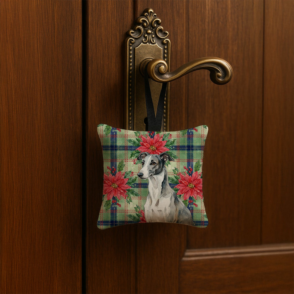 Black and White Greyhound Christmas PoinsettIas Hanging Square Fabric Ornament 3.5 � 3.5 Decorative Door-Knob & Tree Hanger, Soft Fabric