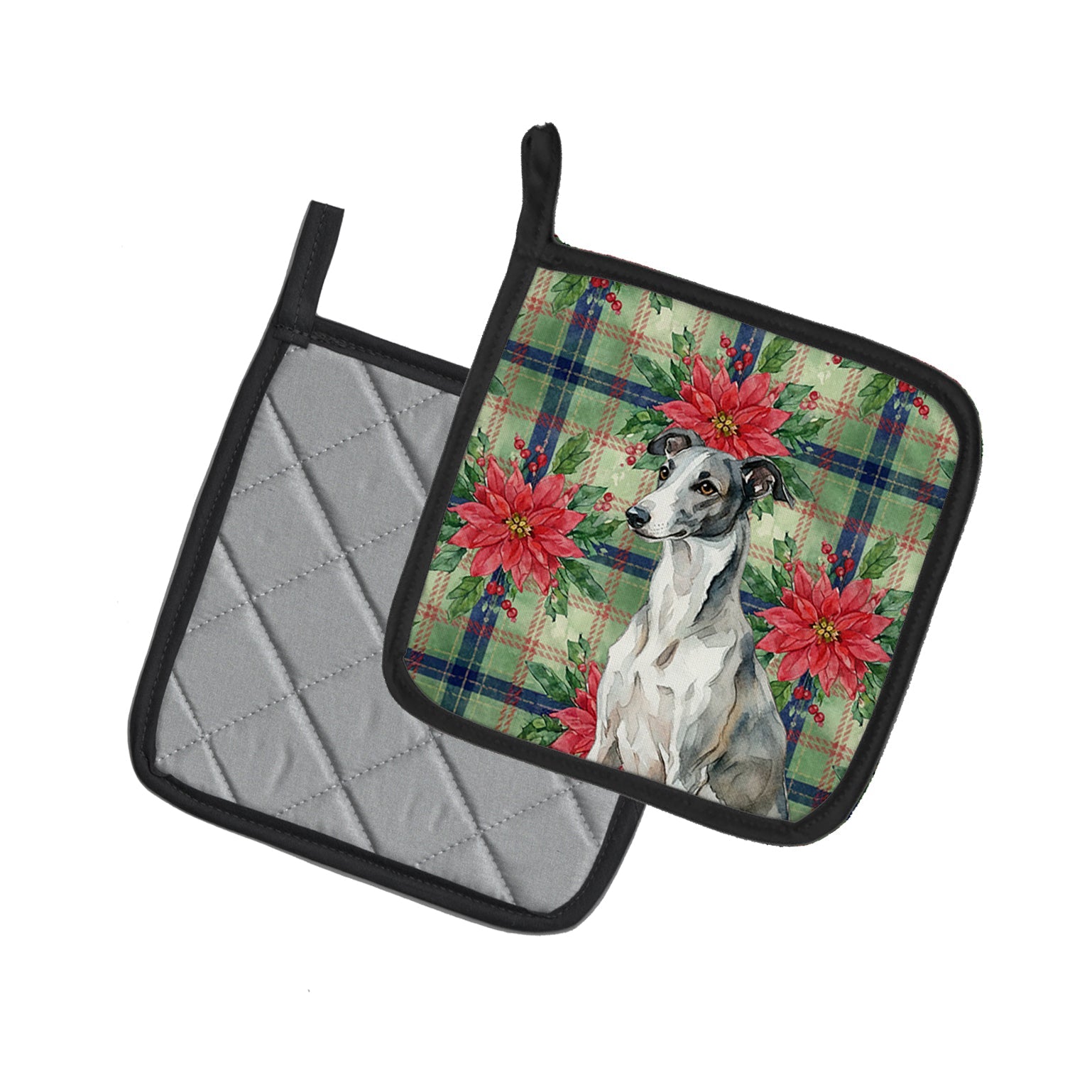Black and White Greyhound Christmas PoinsettIas Pot Holder Set of 2 Heat Resistant Quilted Hot Pads 7.5 x 7.5 Inch, Insulated Kitchen Trivets for Cooking & Baking