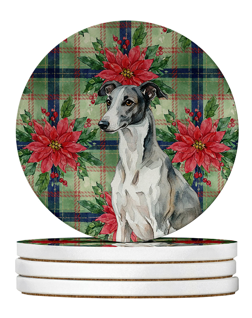 Black and White Greyhound Christmas PoinsettIas Large Sandstone Coasters Pack of 4 Absorbent Round Coasters Decor Gifts for Men or Women, 4 in, Multicolor