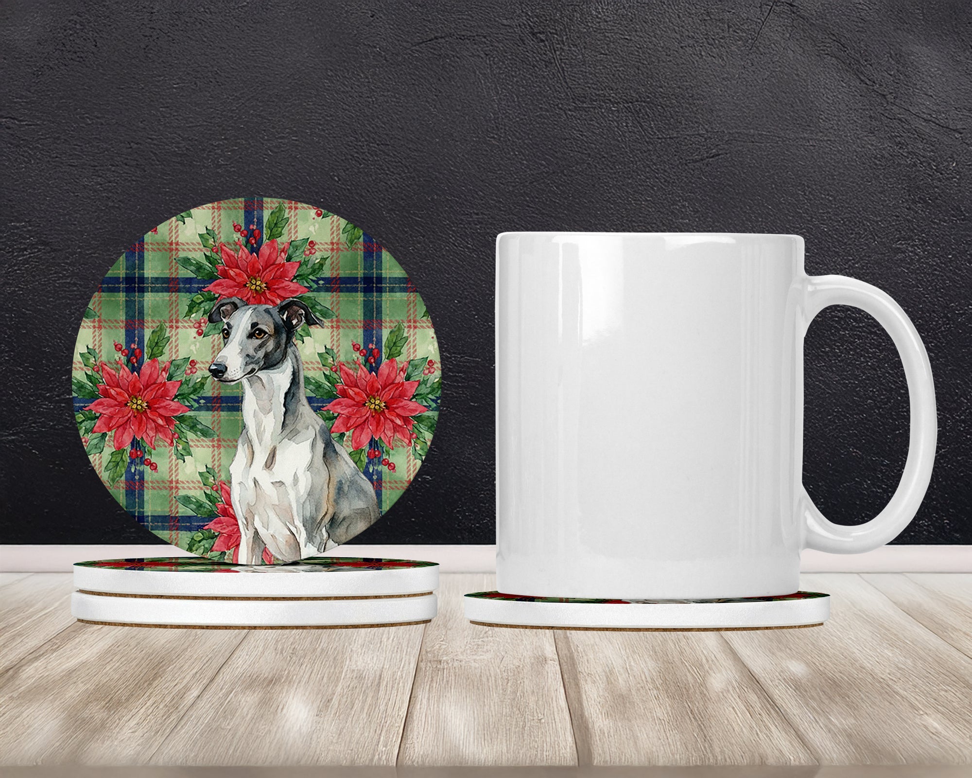 Black and White Greyhound Christmas PoinsettIas Large Sandstone Coasters Pack of 4 Absorbent Round Coasters Decor Gifts for Men or Women, 4 in, Multicolor