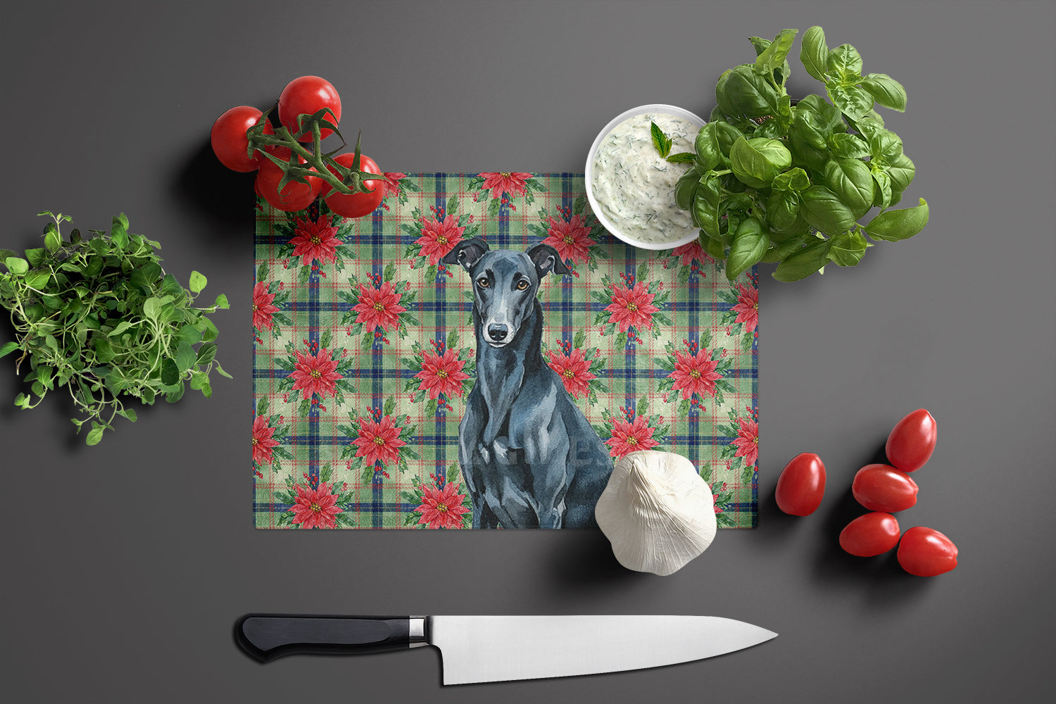 Black Greyhound Christmas PoinsettIas Cutting Board Tempered Glass Kitchen Cutting Surface, Heat Resistant Chopping, Non-Slip Feet, Food Prep & Serving