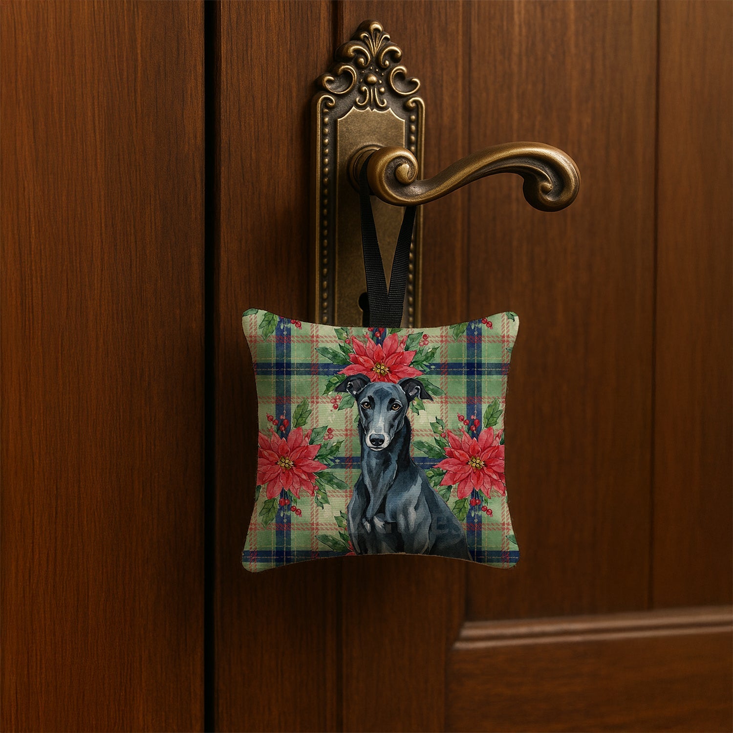 Black Greyhound Christmas PoinsettIas Hanging Square Fabric Ornament 3.5 � 3.5 Decorative Door-Knob & Tree Hanger, Soft Fabric