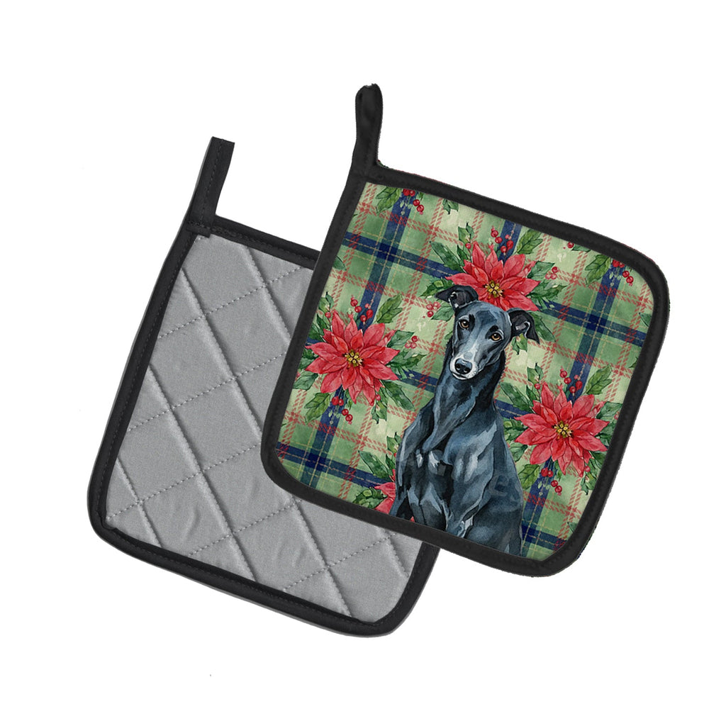 Black Greyhound Christmas PoinsettIas Pot Holder Set of 2 Heat Resistant Quilted Hot Pads 7.5 x 7.5 Inch, Insulated Kitchen Trivets for Cooking & Baking
