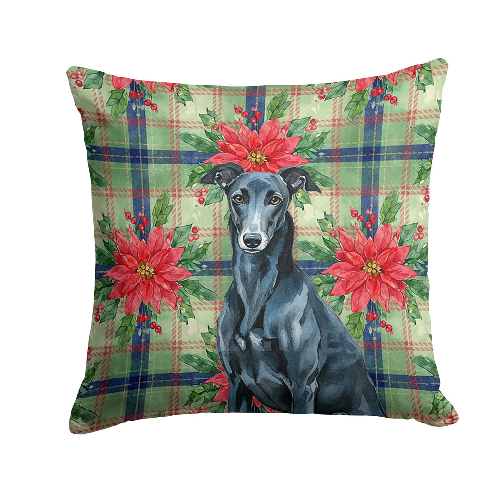 Black Greyhound Christmas PoinsettIas Decorative Throw Pillow 14x14 Indoor Outdoor Accent Cushion, Fabric Cover with Insert for Sofa, Bed, Porch & Living Room