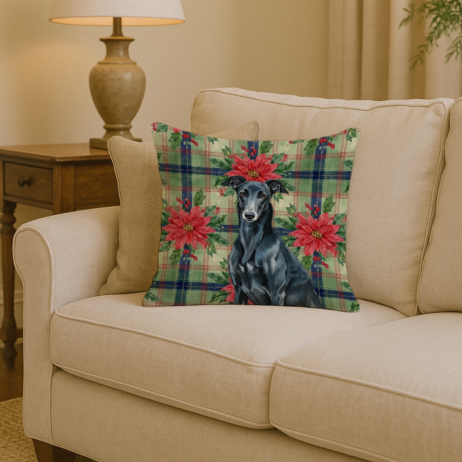 Black Greyhound Christmas PoinsettIas Decorative Throw Pillow 14x14 Indoor Outdoor Accent Cushion, Fabric Cover with Insert for Sofa, Bed, Porch & Living Room