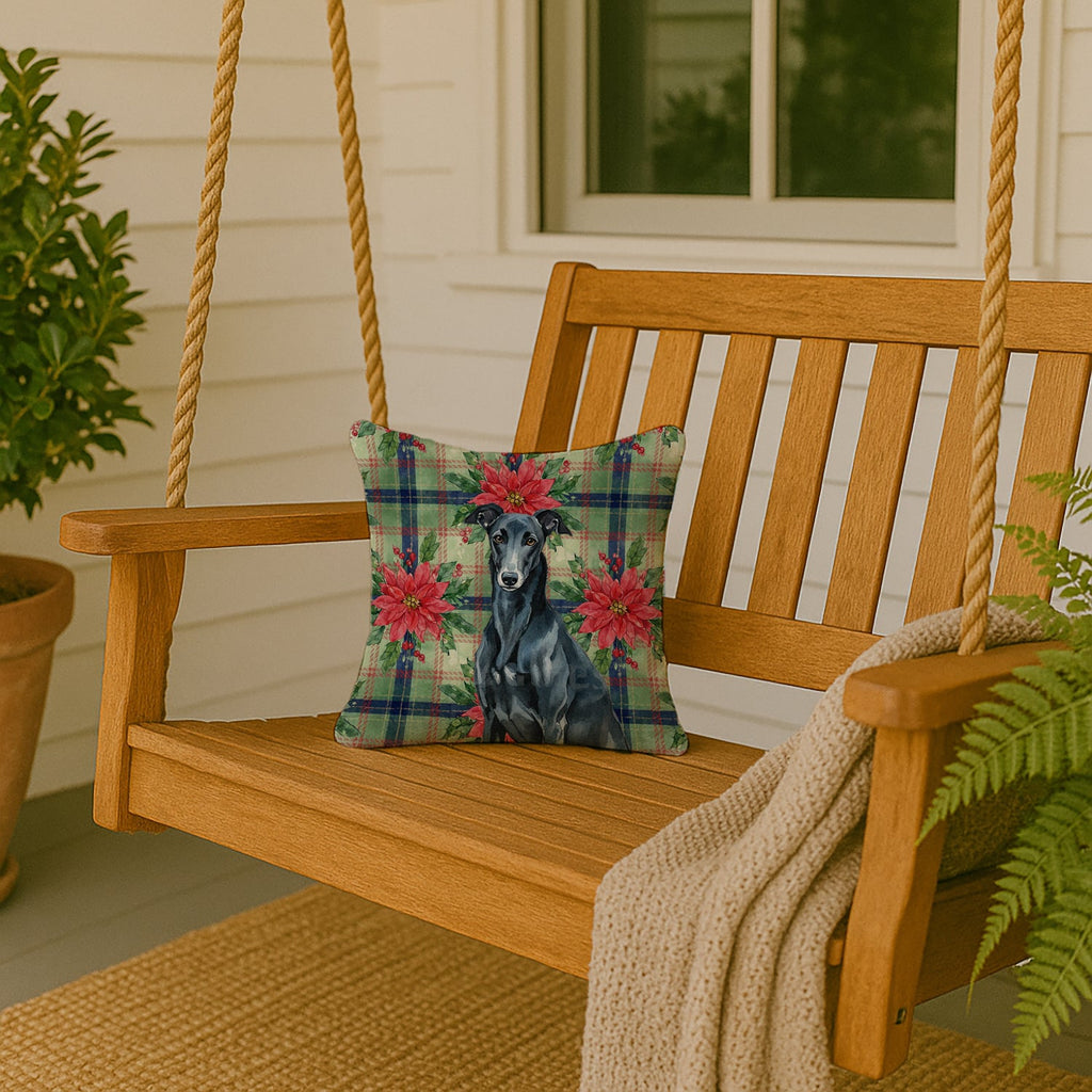 Black Greyhound Christmas PoinsettIas Decorative Throw Pillow 14x14 Indoor Outdoor Accent Cushion, Fabric Cover with Insert for Sofa, Bed, Porch & Living Room