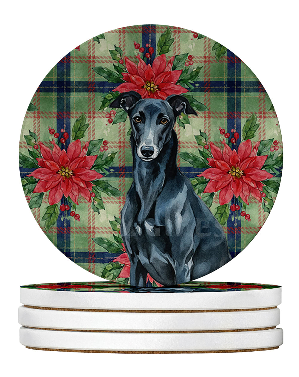 Black Greyhound Christmas PoinsettIas Large Sandstone Coasters Pack of 4 Absorbent Round Coasters Decor Gifts for Men or Women, 4 in, Multicolor