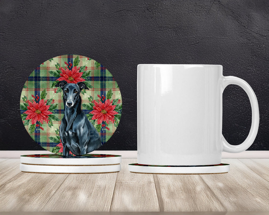 Black Greyhound Christmas PoinsettIas Large Sandstone Coasters Pack of 4 Absorbent Round Coasters Decor Gifts for Men or Women, 4 in, Multicolor