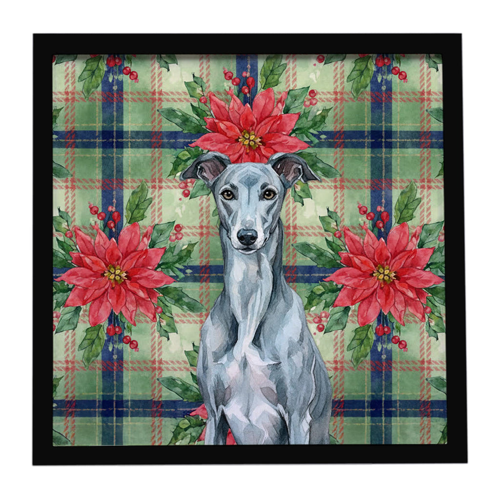 Blue Brindle Greyhound Christmas PoinsettIas Framed Metal Print Bathroom, Kitchen, Office, Home Decor Wall Art Ready to Hang, Square, 8X8