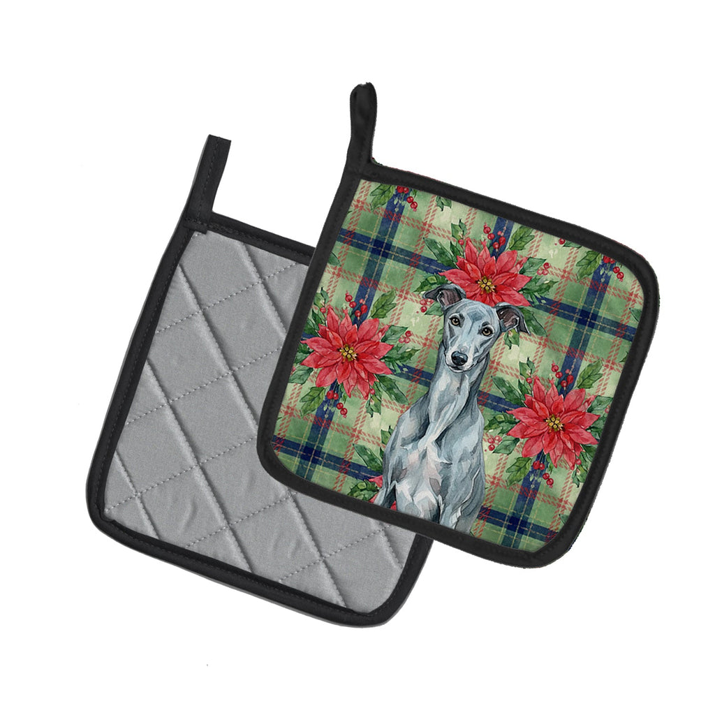 Blue Brindle Greyhound Christmas PoinsettIas Pot Holder Set of 2 Heat Resistant Quilted Hot Pads 7.5 x 7.5 Inch, Insulated Kitchen Trivets for Cooking & Baking