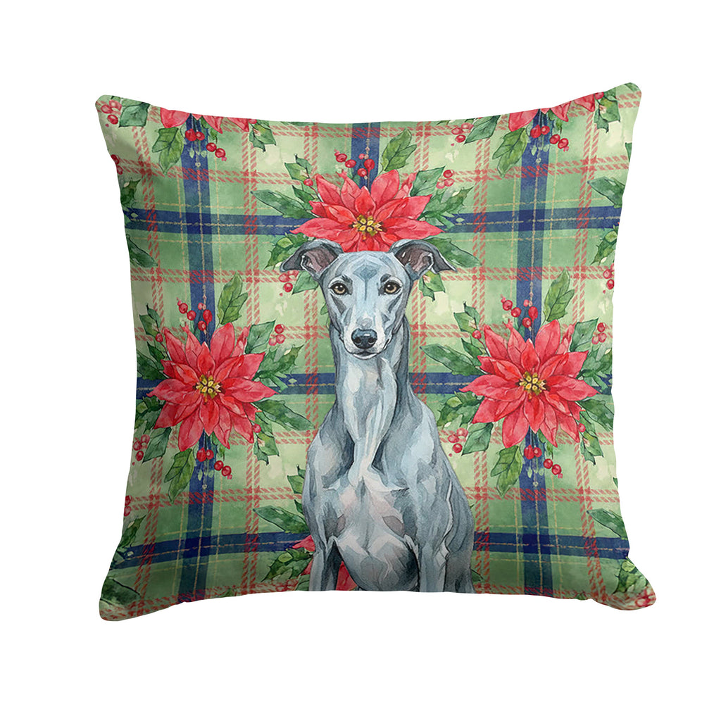 Blue Brindle Greyhound Christmas PoinsettIas Decorative Throw Pillow 14x14 Indoor Outdoor Accent Cushion, Fabric Cover with Insert for Sofa, Bed, Porch & Living Room