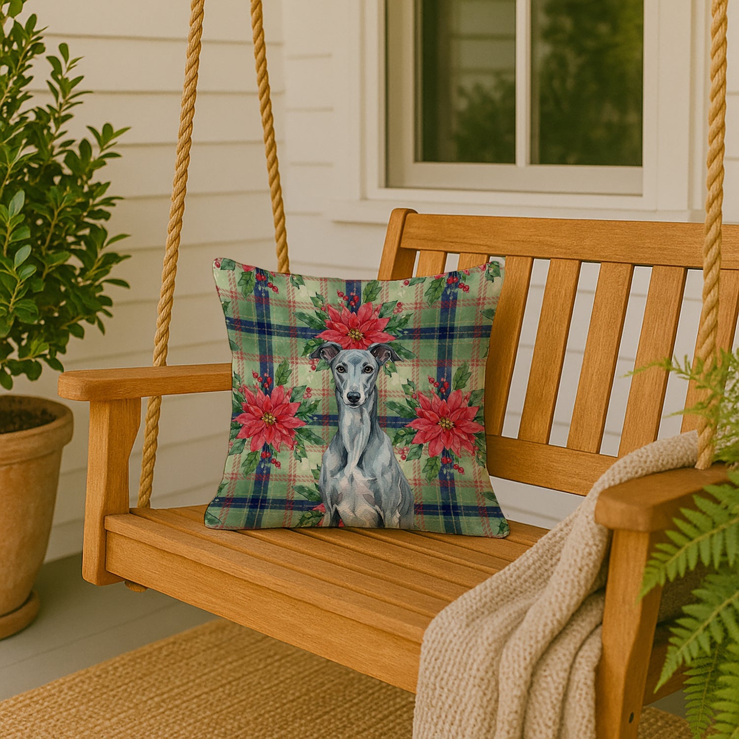 Blue Brindle Greyhound Christmas PoinsettIas Decorative Throw Pillow 18x18 Indoor Outdoor Accent Cushion, Fabric Cover with Insert for Sofa, Bed, Porch & Living Room
