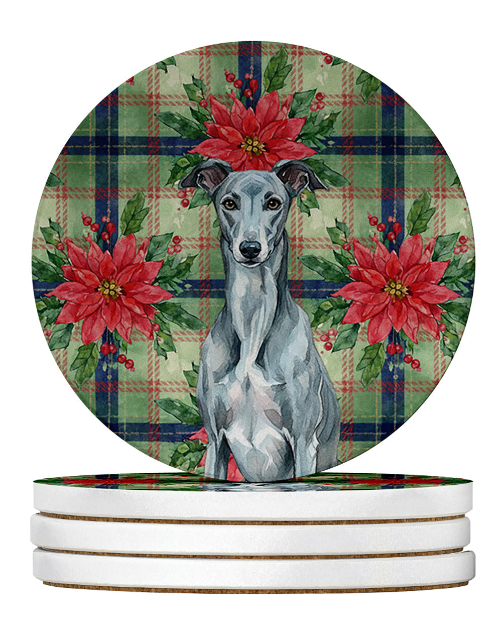 Blue Brindle Greyhound Christmas PoinsettIas Large Sandstone Coasters Pack of 4 Absorbent Round Coasters Decor Gifts for Men or Women, 4 in, Multicolor