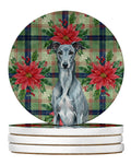Blue Brindle Greyhound Christmas PoinsettIas Large Sandstone Coasters Pack of 4 Absorbent Round Coasters Decor Gifts for Men or Women, 4 in, Multicolor