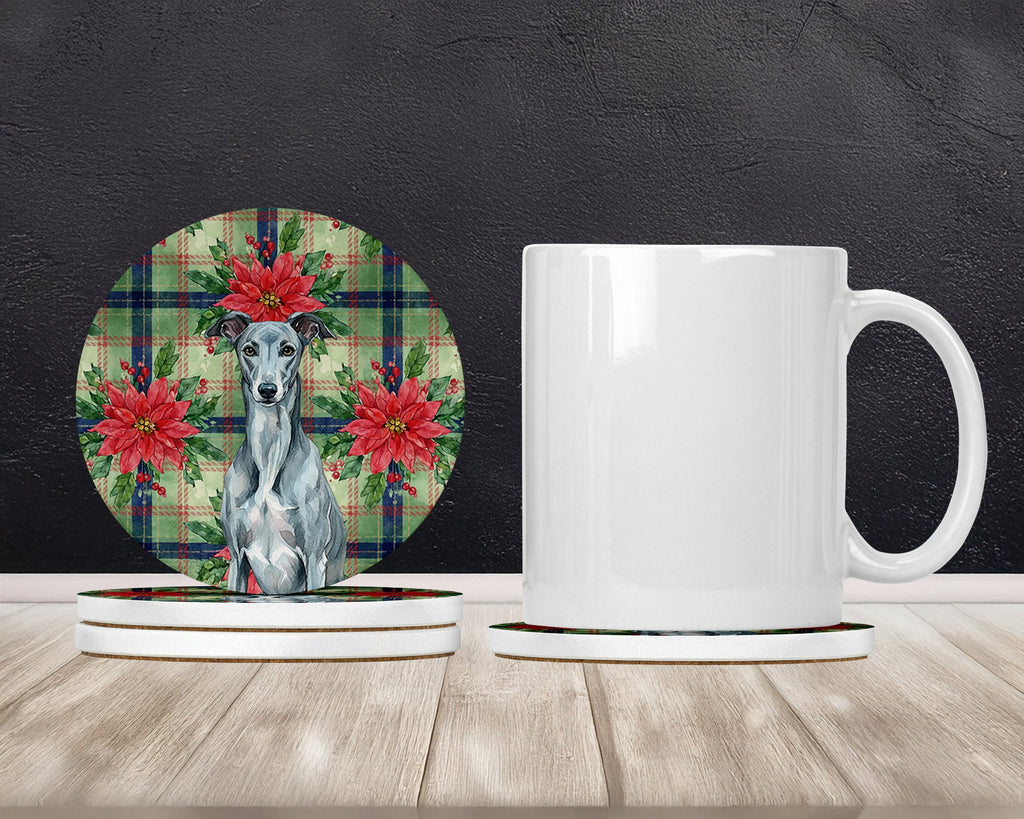 Blue Brindle Greyhound Christmas PoinsettIas Large Sandstone Coasters Pack of 4 Absorbent Round Coasters Decor Gifts for Men or Women, 4 in, Multicolor