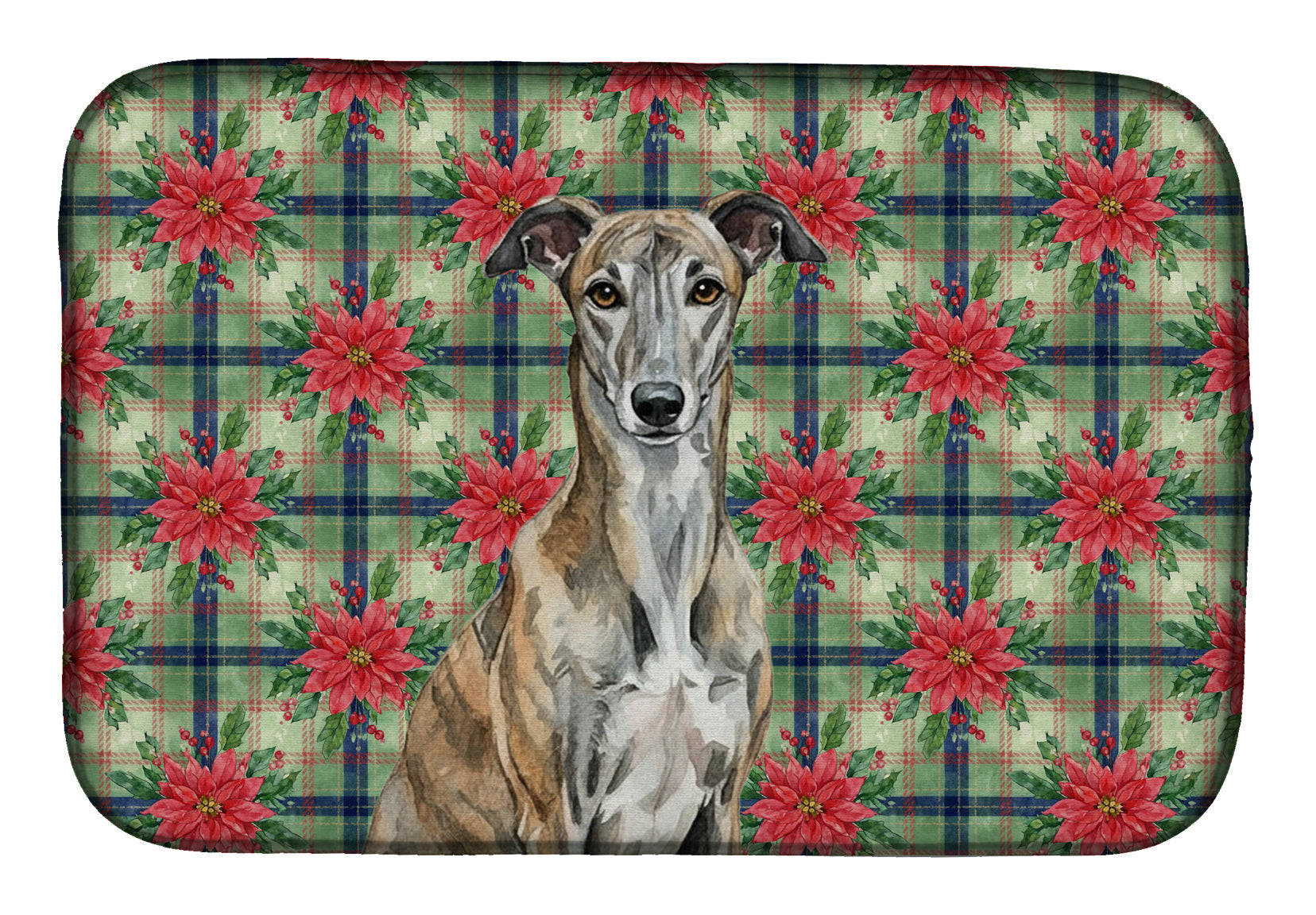 Brindle Greyhound Christmas PoinsettIas Dish Drying Mat Absorbent Dish Drying Mat Pad for Kitchen Counter Dish Drainer Mat for Countertop, 14 x 21", Multicolor