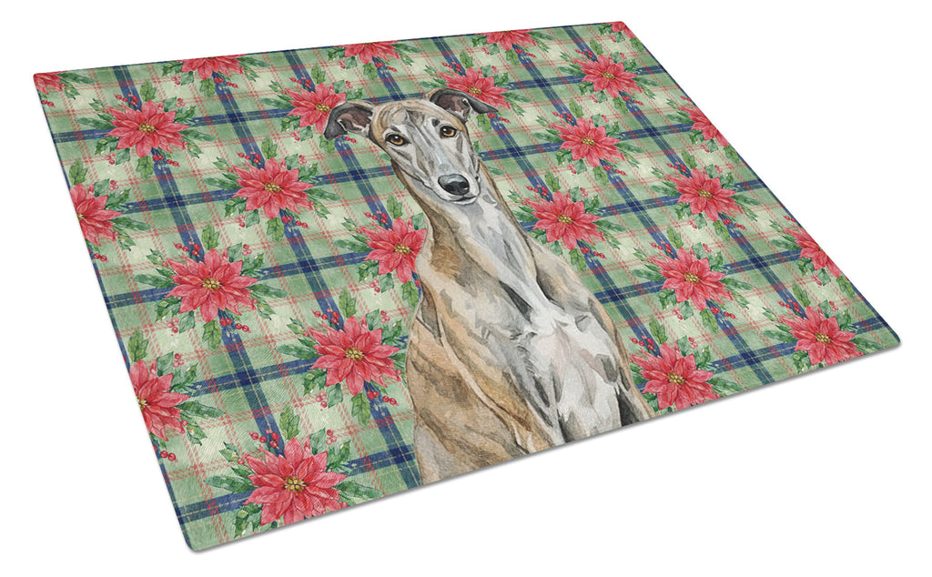 Brindle Greyhound Christmas PoinsettIas Cutting Board Tempered Glass Kitchen Cutting Surface, Heat Resistant Chopping, Non-Slip Feet, Food Prep & Serving