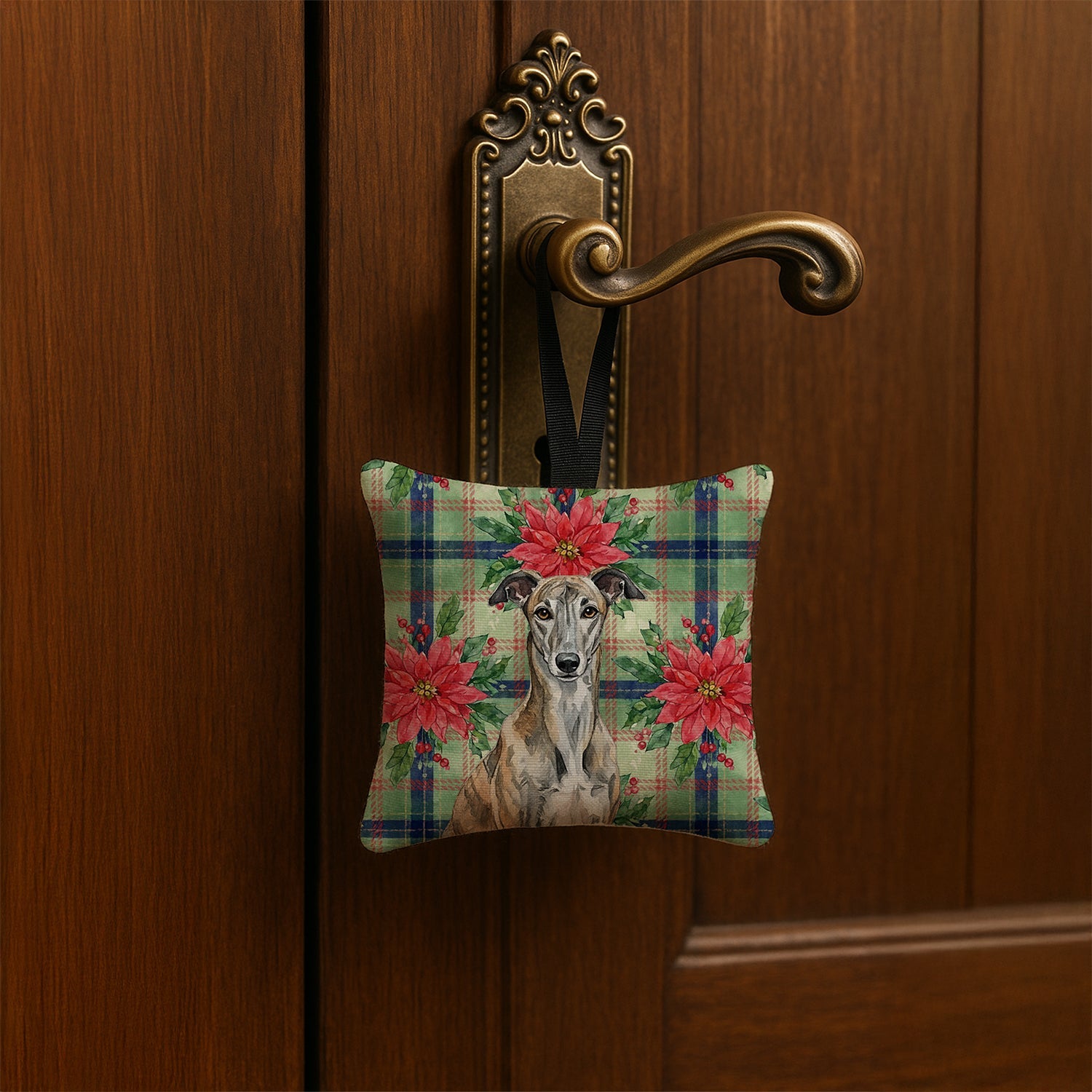 Brindle Greyhound Christmas PoinsettIas Hanging Square Fabric Ornament 3.5 � 3.5 Decorative Door-Knob & Tree Hanger, Soft Fabric