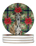 Brindle Greyhound Christmas PoinsettIas Large Sandstone Coasters Pack of 4 Absorbent Round Coasters Decor Gifts for Men or Women, 4 in, Multicolor