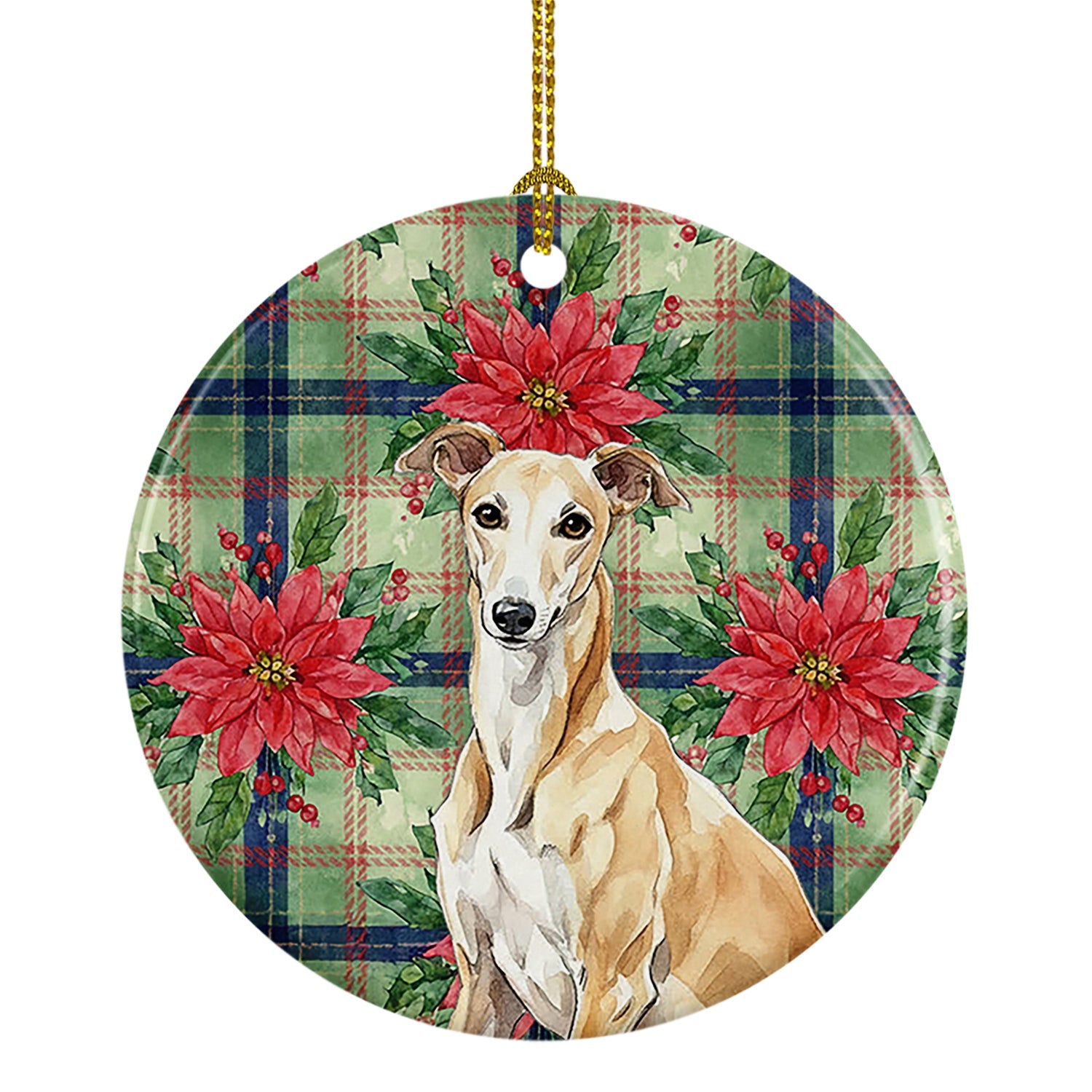 Fawn Greyhound Christmas PoinsettIas Ceramic Ornament Christmas Tree Hanging Decorations for Home Christmas Holiday, Party, Gift, 3 in, Multicolor
