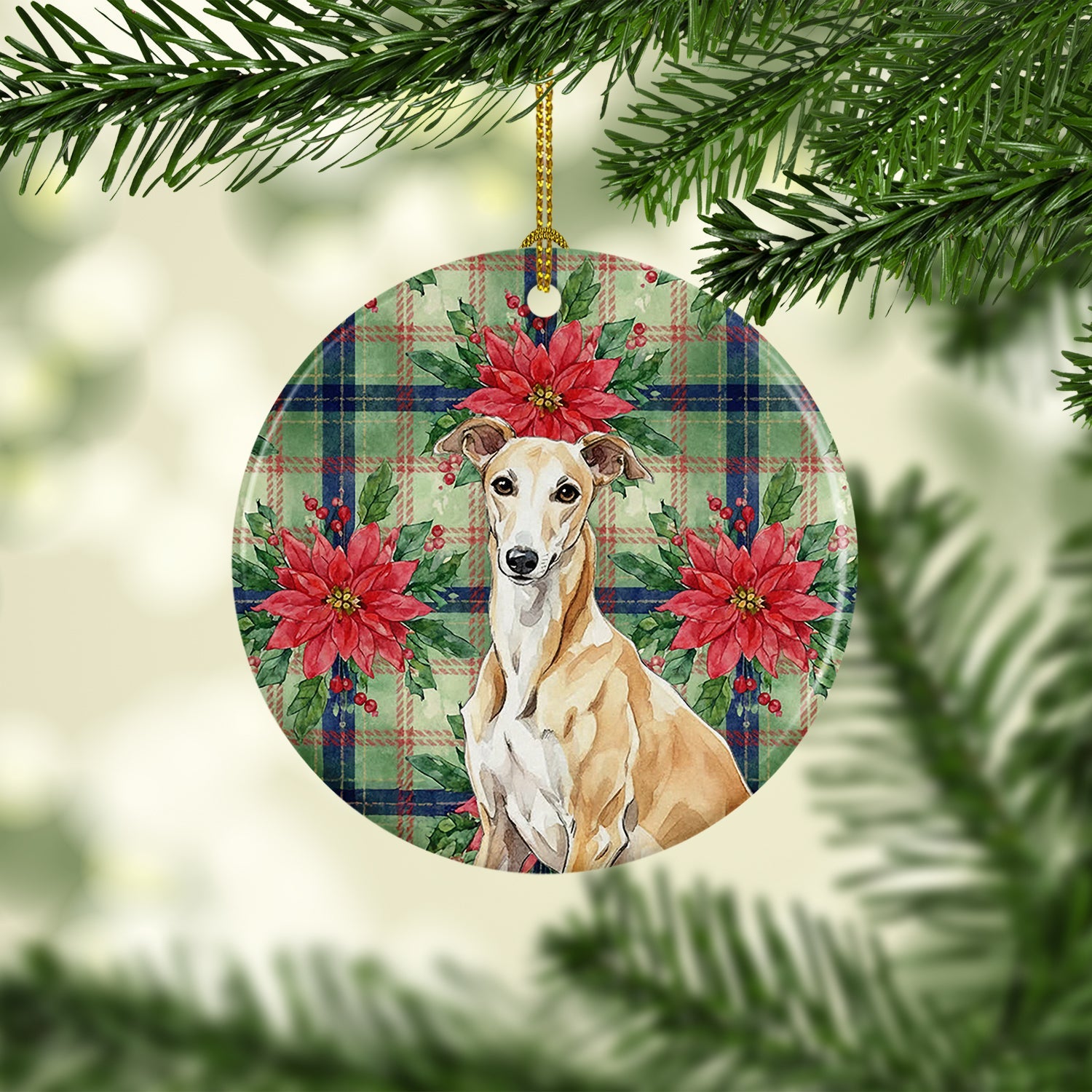 Fawn Greyhound Christmas PoinsettIas Ceramic Ornament Christmas Tree Hanging Decorations for Home Christmas Holiday, Party, Gift, 3 in, Multicolor