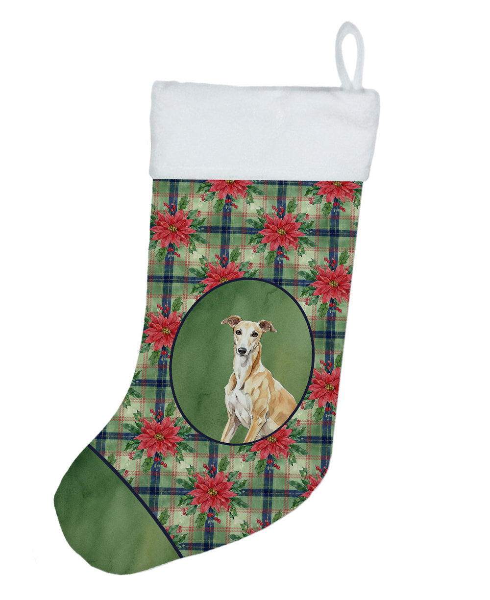Fawn Greyhound Christmas PoinsettIas Holiday Stocking Double-Sided Print, Polyester Suede,11x18, Made in USA