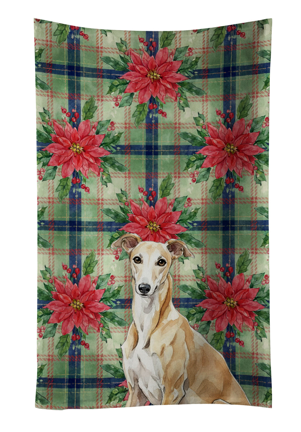 Fawn Greyhound Christmas PoinsettIas Kitchen Towel Velour Plush Front and Cotton Loop Back Machine Washable