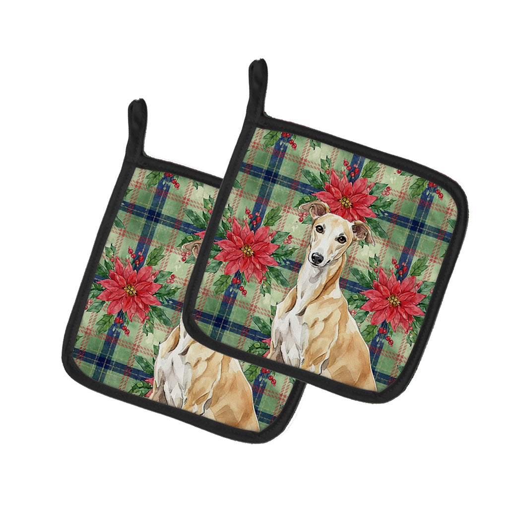 Fawn Greyhound Christmas PoinsettIas Pot Holder Set of 2 Heat Resistant Quilted Hot Pads 7.5 x 7.5 Inch, Insulated Kitchen Trivets for Cooking & Baking