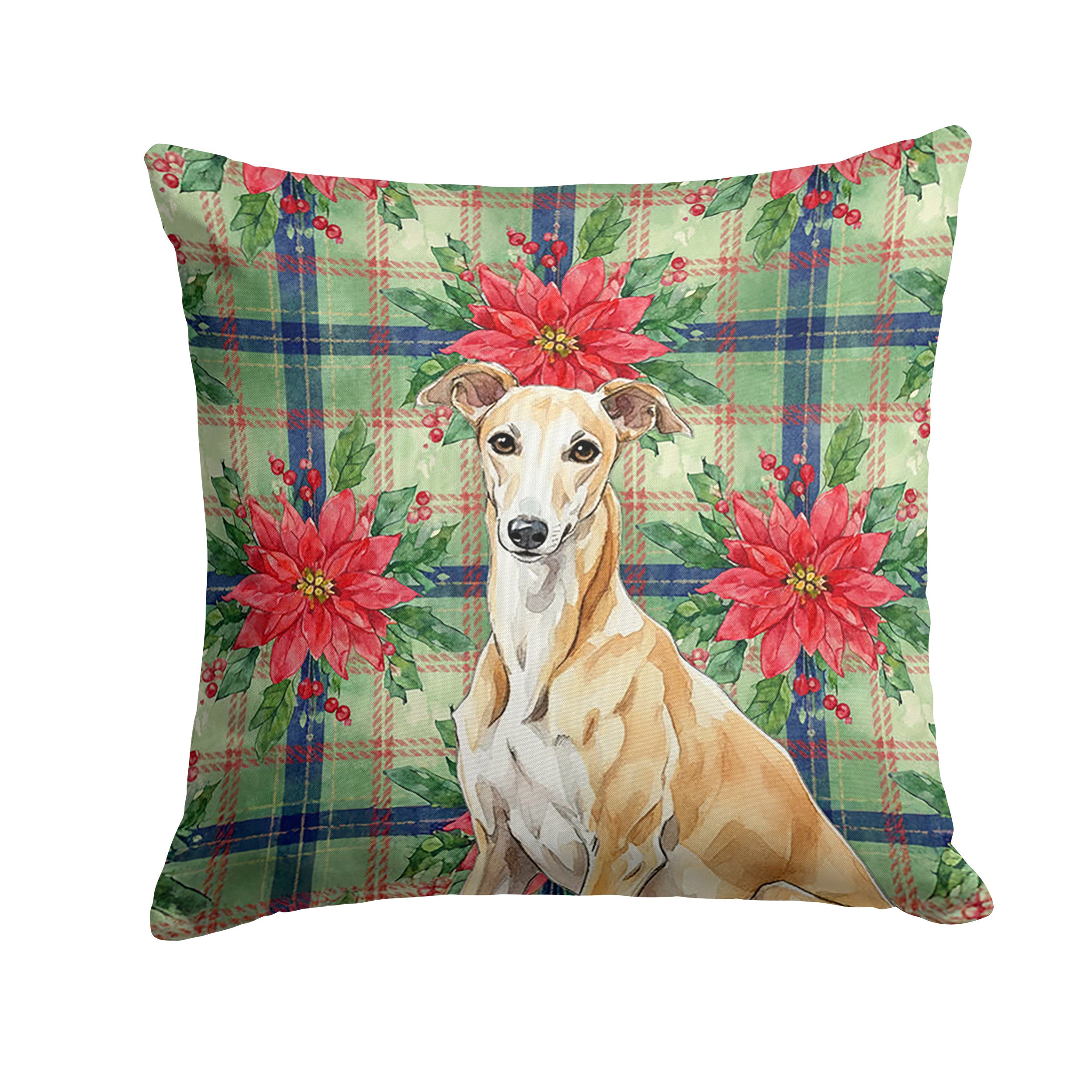 Fawn Greyhound Christmas PoinsettIas Decorative Throw Pillow 14x14 Indoor Outdoor Accent Cushion, Fabric Cover with Insert for Sofa, Bed, Porch & Living Room