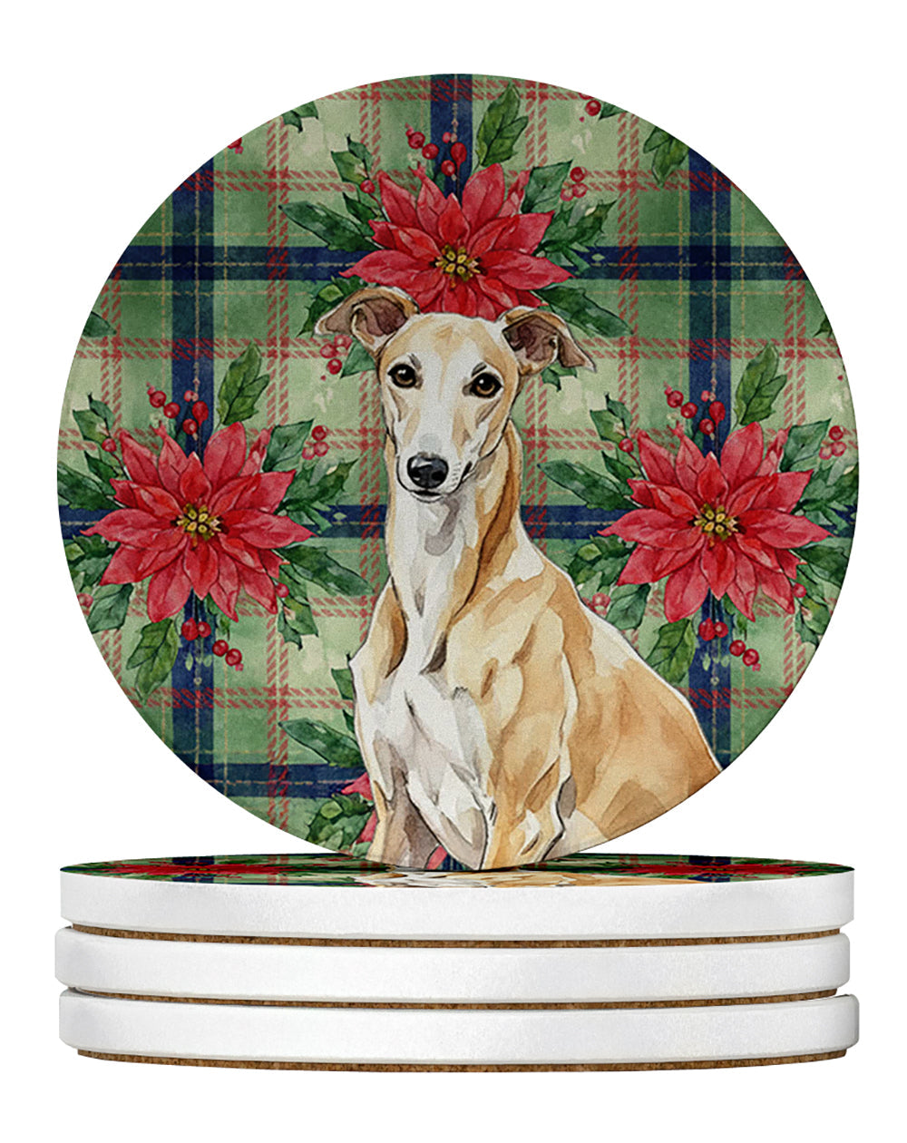 Fawn Greyhound Christmas PoinsettIas Large Sandstone Coasters Pack of 4 Absorbent Round Coasters Decor Gifts for Men or Women, 4 in, Multicolor