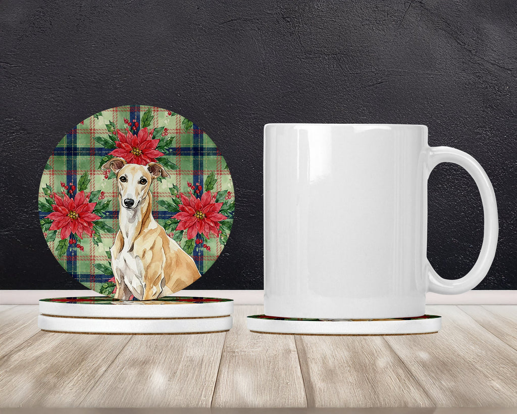 Fawn Greyhound Christmas PoinsettIas Large Sandstone Coasters Pack of 4 Absorbent Round Coasters Decor Gifts for Men or Women, 4 in, Multicolor