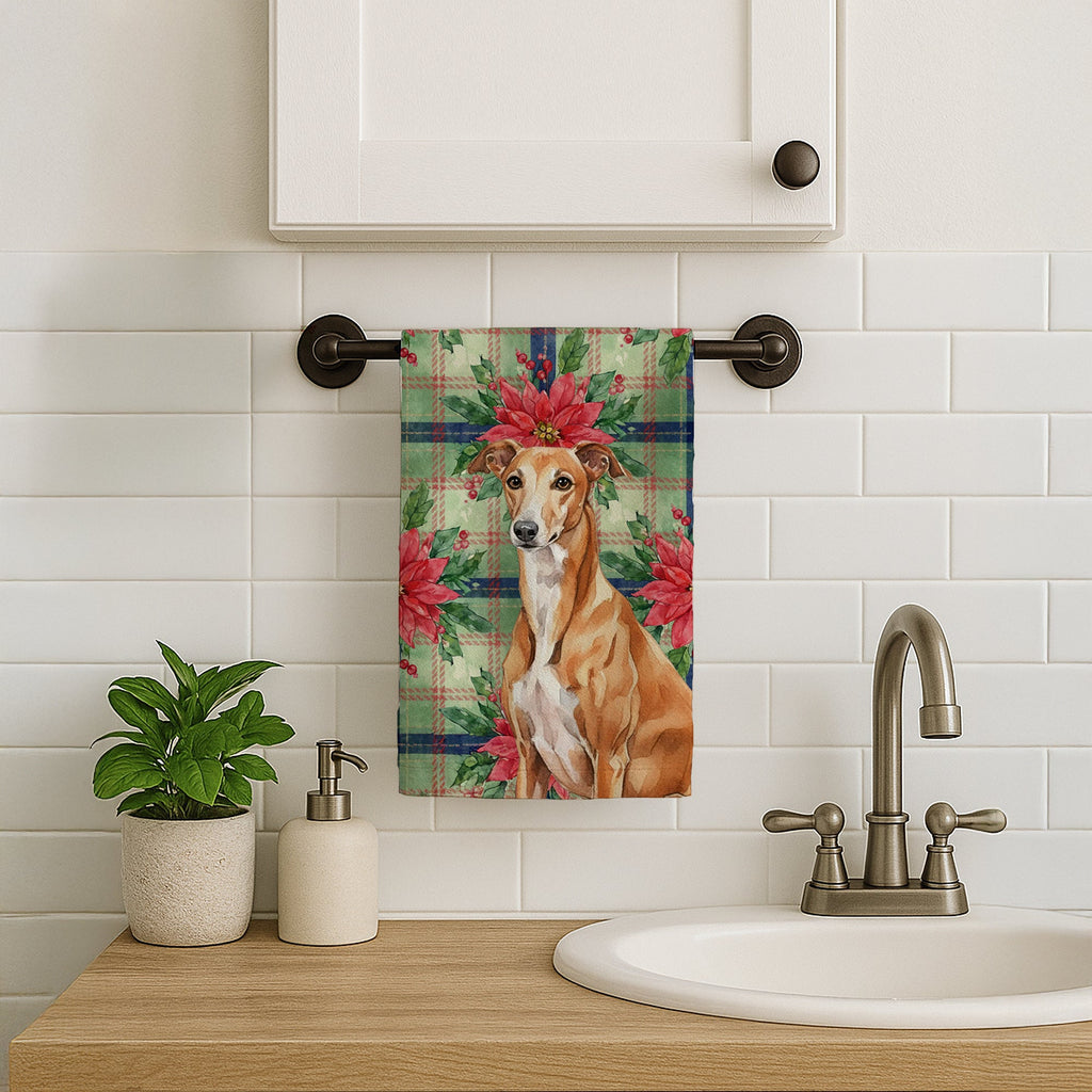 Red Greyhound Christmas PoinsettIas Kitchen Towel Velour Plush Front and Cotton Loop Back Machine Washable