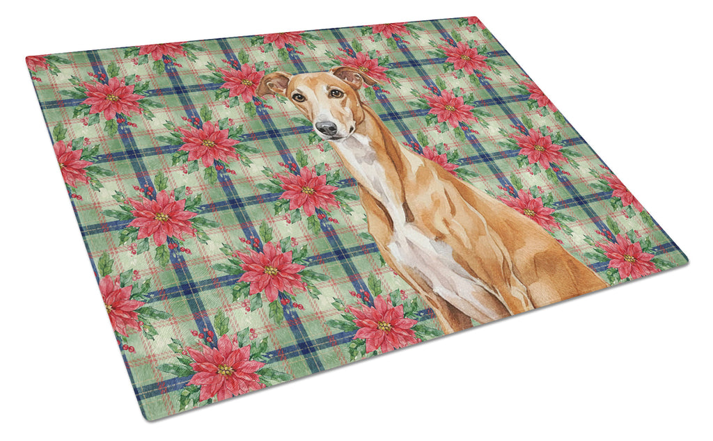 Red Greyhound Christmas PoinsettIas Cutting Board Tempered Glass Kitchen Cutting Surface, Heat Resistant Chopping, Non-Slip Feet, Food Prep & Serving